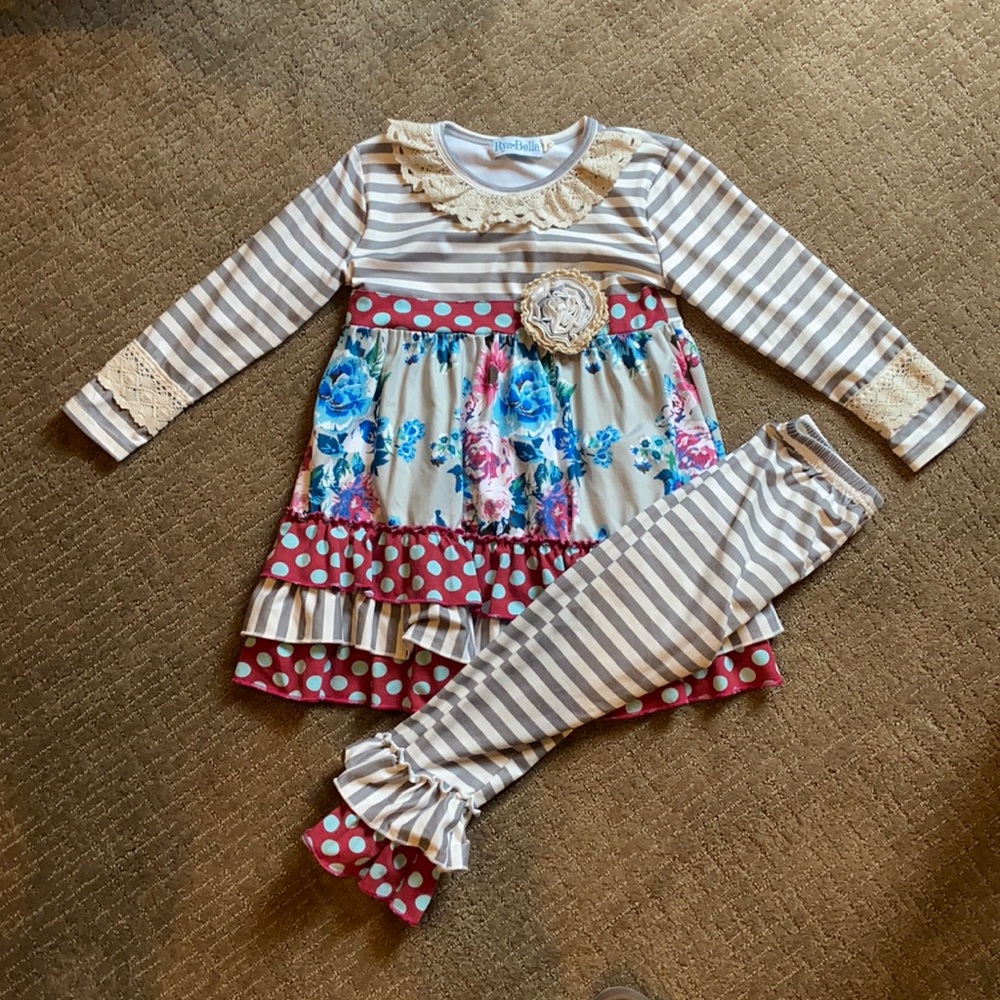 Girls Striped Floral Polka Dot Set